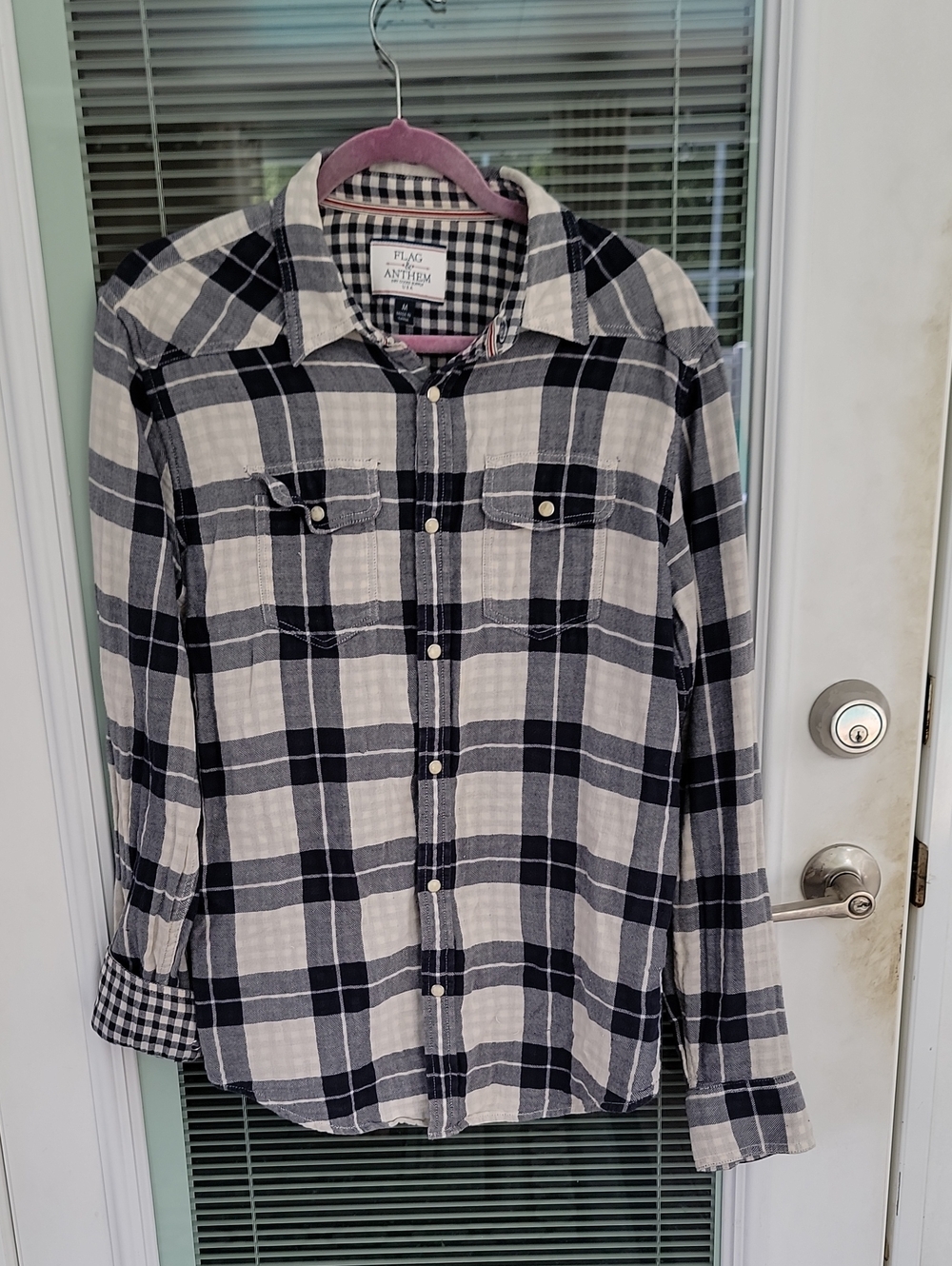 Flag & Anthem Alma Vintage Washed Flannel Shirt Pearl Snaps Sz M Cream & Navy